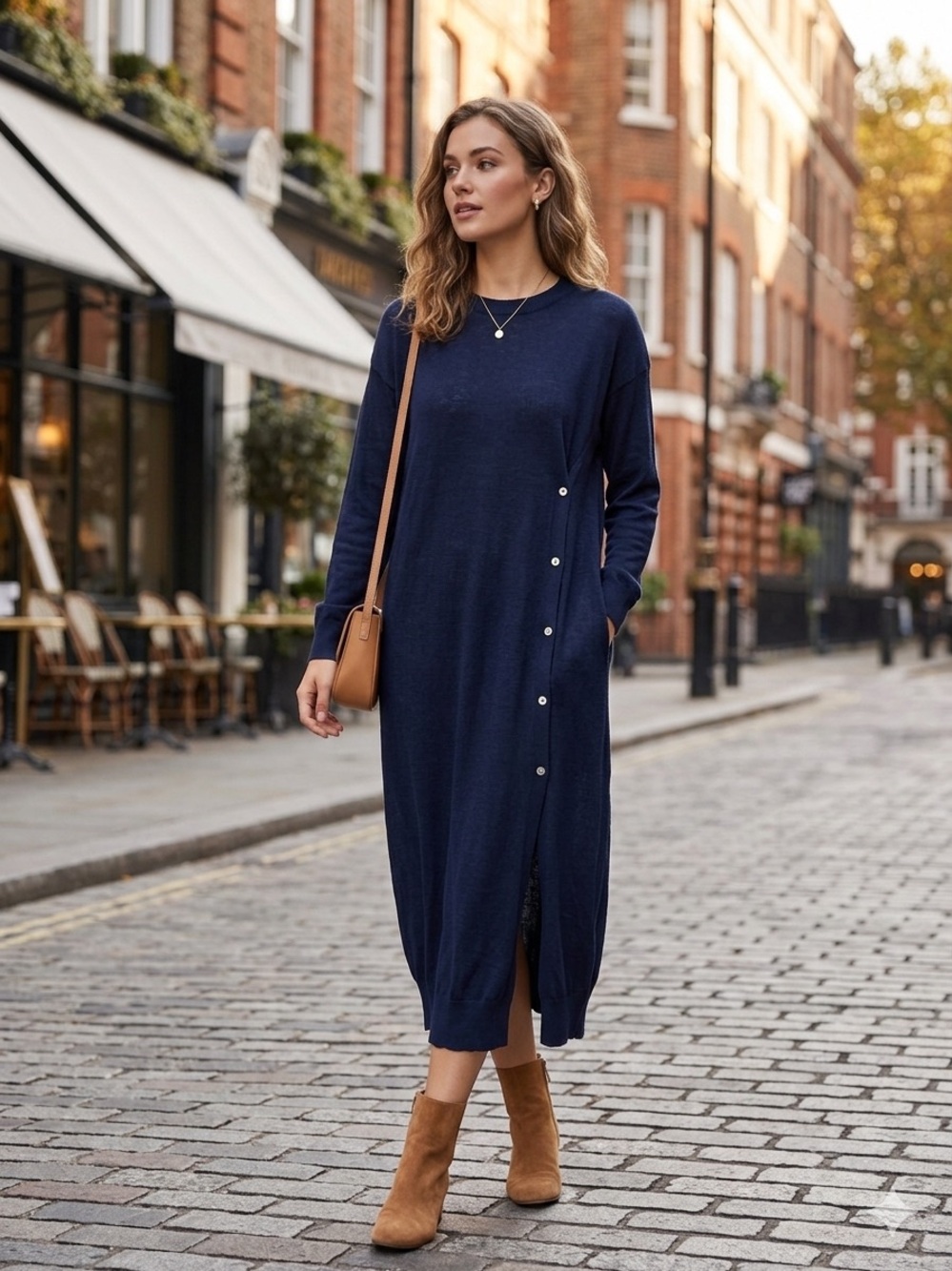 Zara NWT Navy Blue Asymmetrical Button Fine Knit Midi Dress Size S Relaxed
